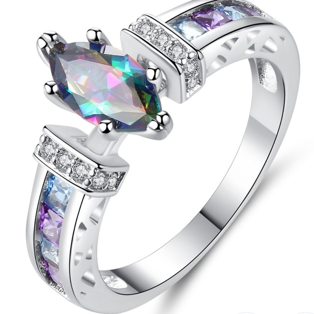 Sterling Silver Rainbow and White Topaz Ring